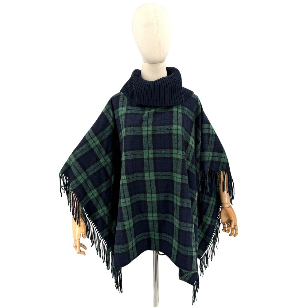 Talbots Navy Green Black Watch Plaid Fringe Turtleneck Poncho